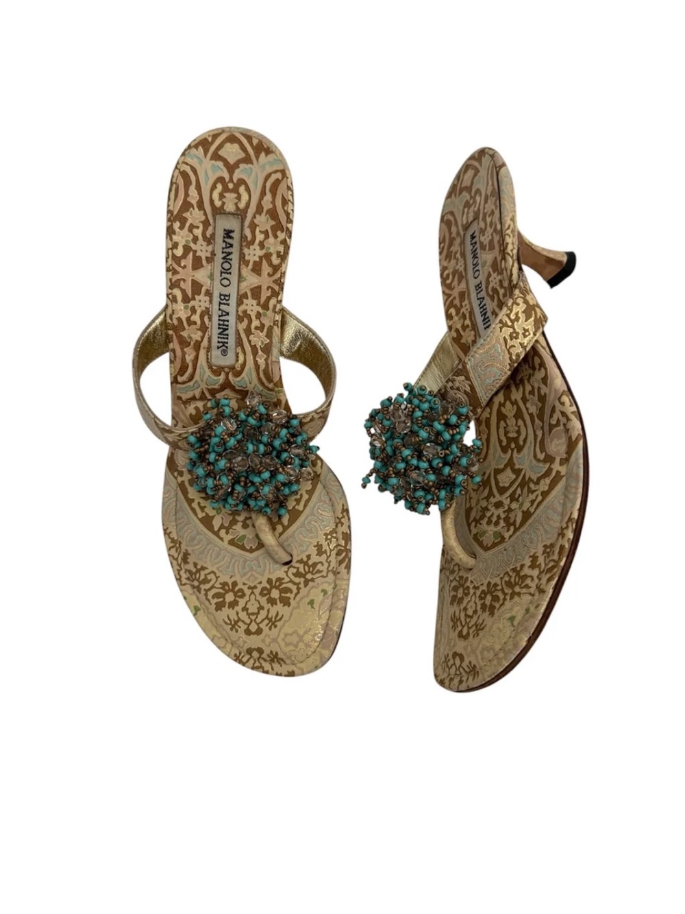 MANOLO BLAHNIK GOLD & TURQUOISE BEADED HEELS IT 36